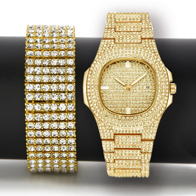 

Men Hip Hop Iced Out Bling Simulated Lab CZ Luxury Gold Color Watch & Zircon Bracelet Gift Set