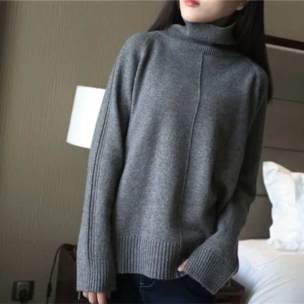 100%goat cashmere knit women pullover sweater front long back short high collar loose languid casual caramel 6color S/M/L | Женская