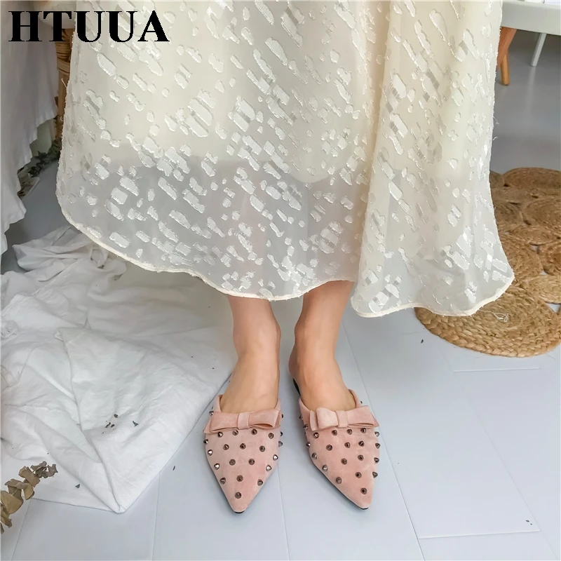 HTUUA/осенние модные женские шлепанцы из флока с заклепками и бантиком-бабочкой