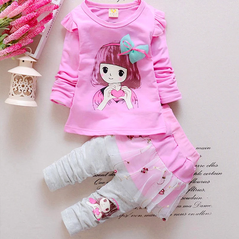 

Baby chic clothes fall spring baby girl casual two piece set tracksuit infant toddler tops+pants suits cartoon print tops+pants