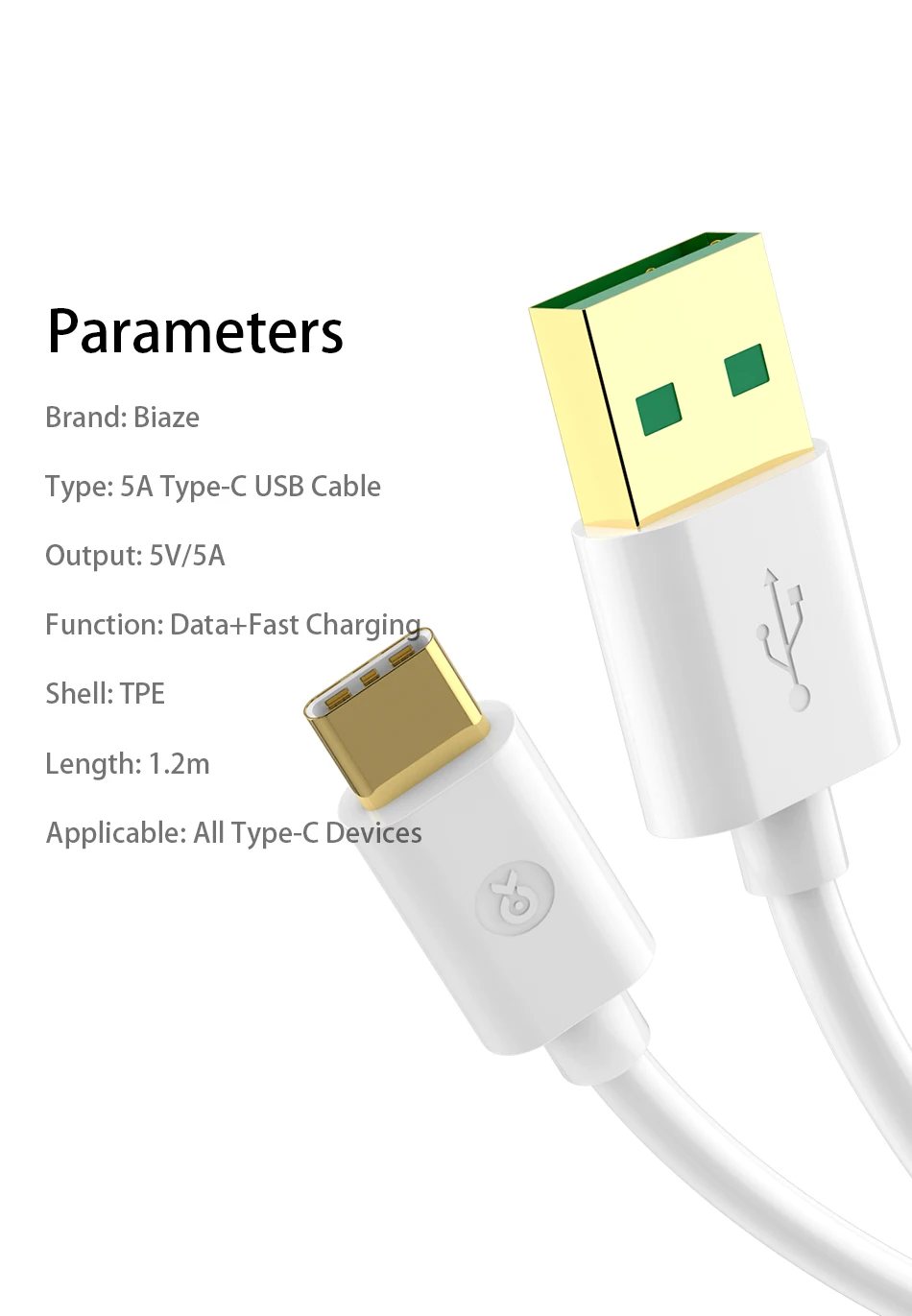 Кабель Biaze 120 см 5A type-C для samsung Galaxy, usb-кабель для Xiaomi Mi, huawei, супер зарядное устройство, шнур, usb кабели