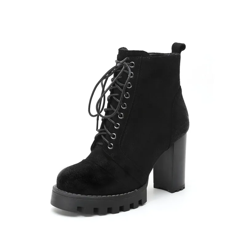 

Smirnova 2018 new arrival suede leather boots round toe platform thick high heels boots cross tied women lace up ankle boots