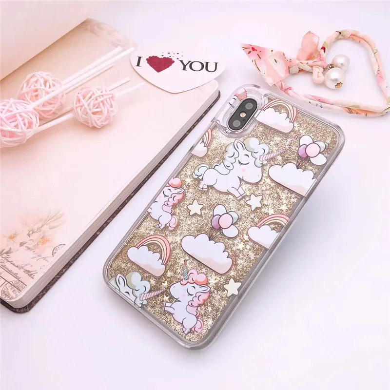 Милый мультяшный чехол для iPhone X с единорогом жидкий блеск зыбучие пески чехлы 8 7