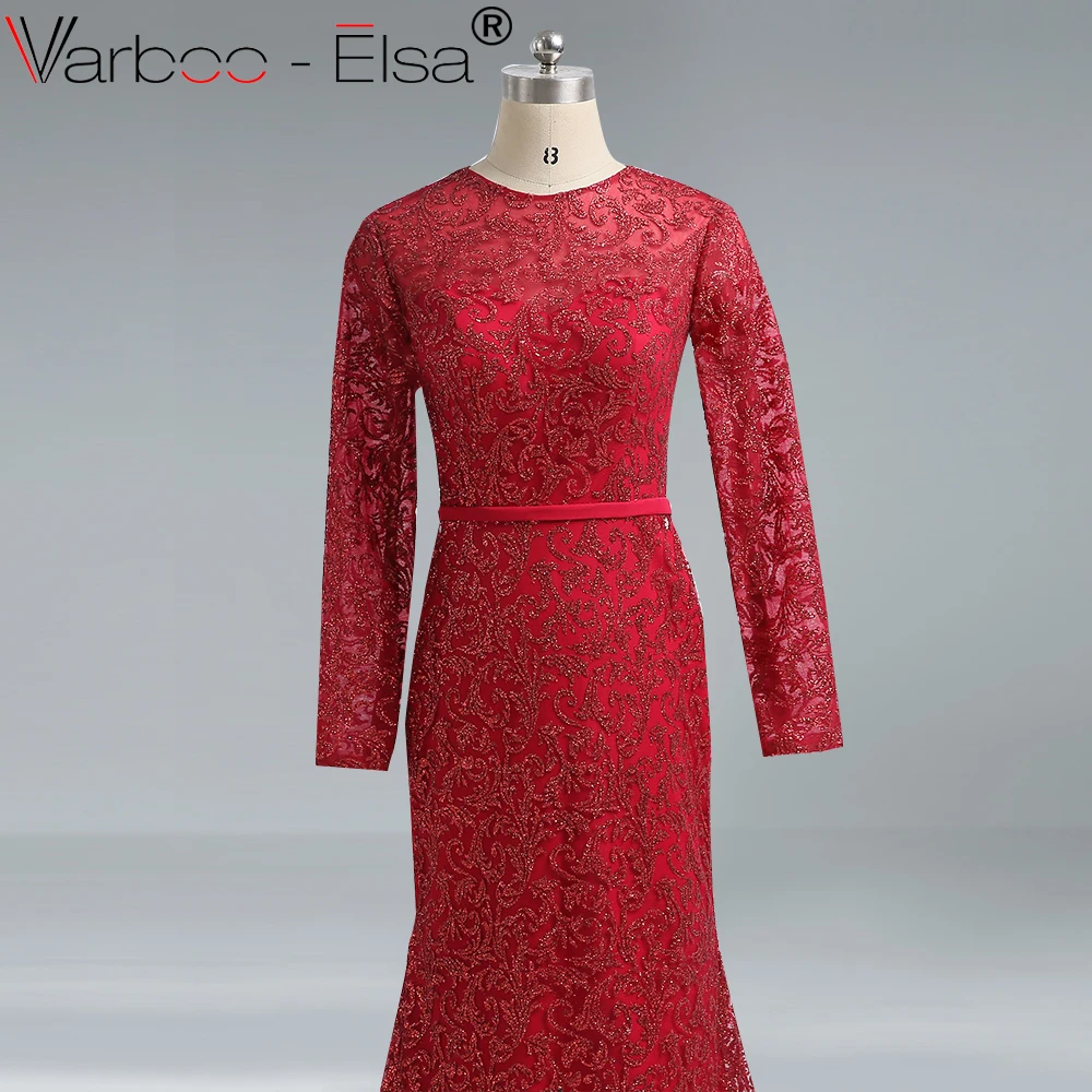 VARBOO_ELSA robe longue Custom 2018 New Mermaid Evening Dresses Wine Red Glitter Formal Party Gown Long Sleeve vestido de festa | Свадьбы и