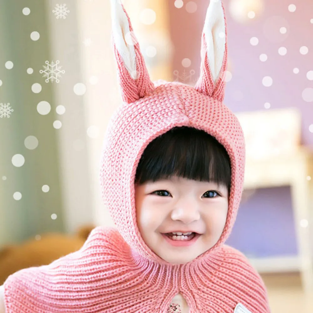 Baby Pompon Winter Hat Cute Rabbit Ears Kids Hats Keep Warm Set Scarf Shawl cap | Детская одежда и обувь