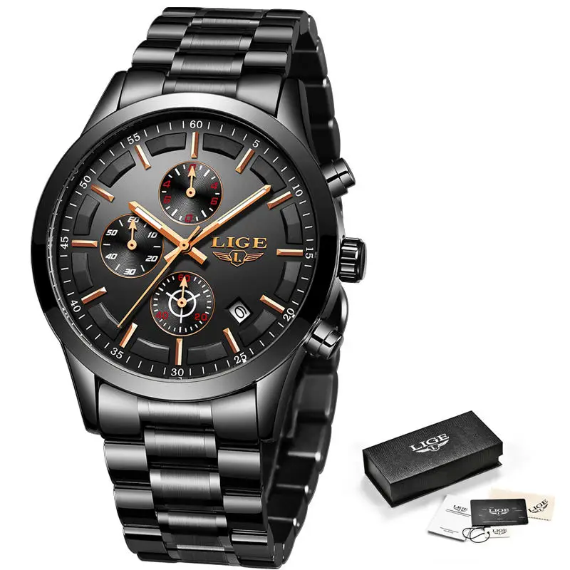 Мужские часы LIGE модные роскошные водонепроницаемые кварцевые со стальным