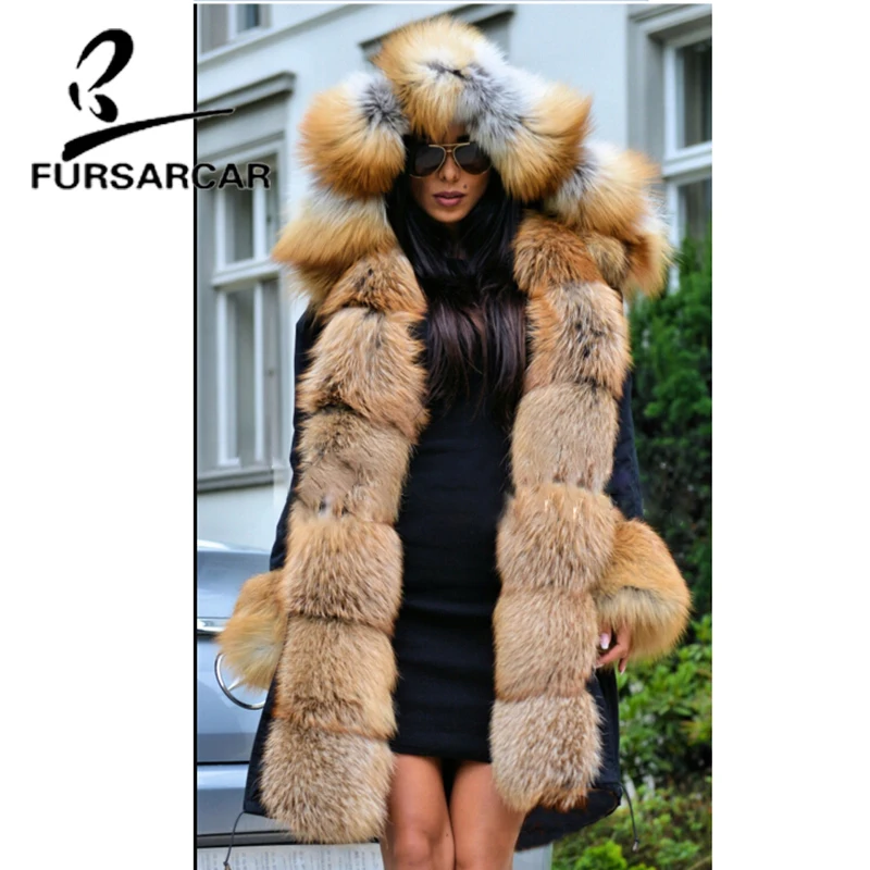FURSARCAR 2021 Luxury Winter Fur Parka For Women Real Fur Coat Female With Thick Fox Fur Hood Fashion Long Parkas
