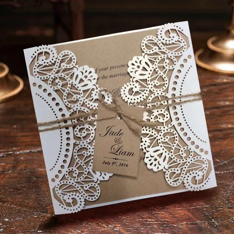 Белые свадебные пригласительные открытки в рустикальном стиле, индивидуальные приглашения из крафт-бумаги, набор из 50 шт.