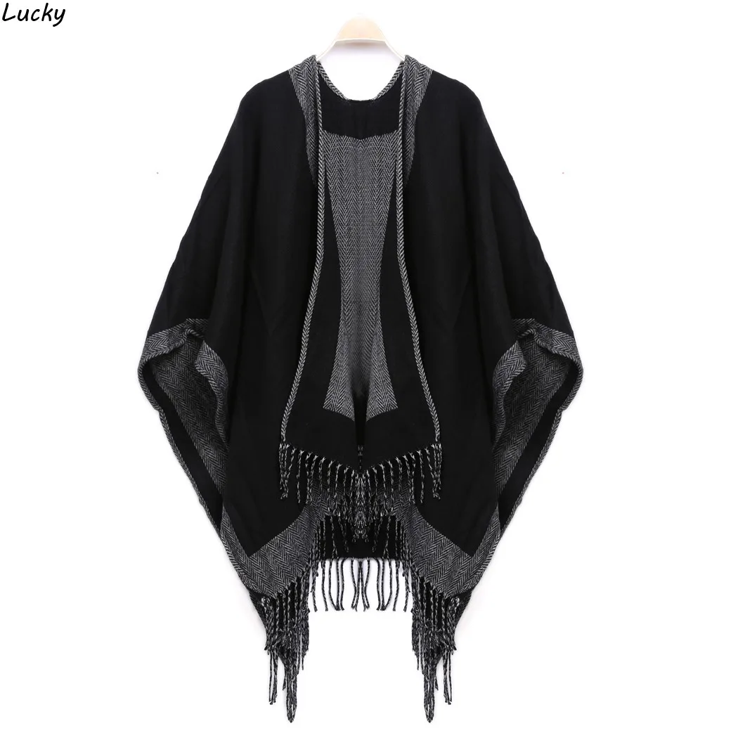 Женщины Зима Вязаный Шарф Cachecol Одеяло Кисточкой Пончо Кабо Шаль Wrap Утолщаются
