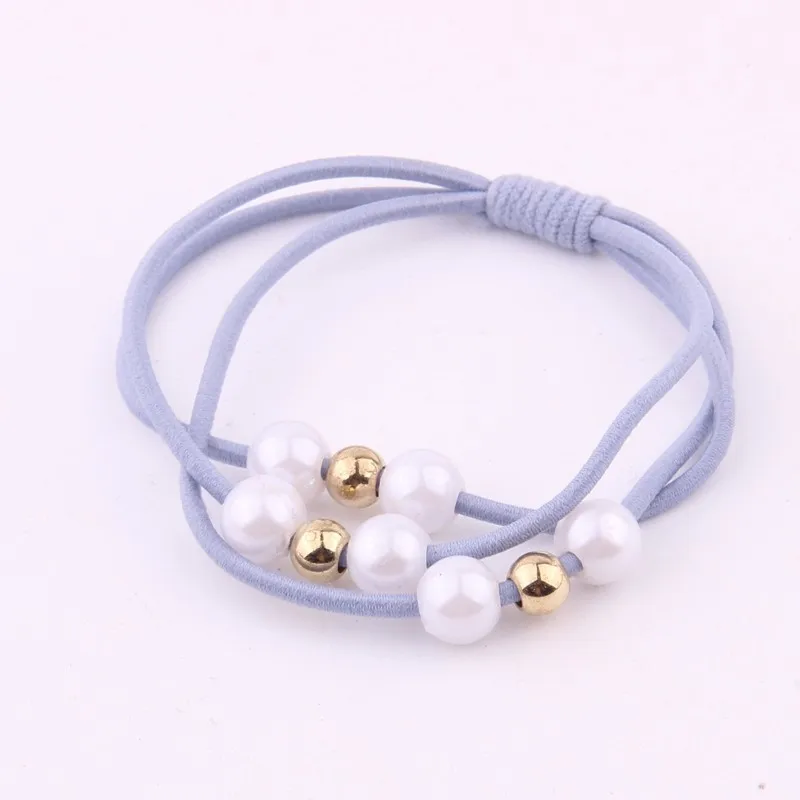 light blue Резинка для волос для женщин, сильная эластичность, три в одном, резинки, хвост пони, резинки для волос для девочек, качественная жемчужная Золотая повязка для волос с бисером - Цвет: light blue