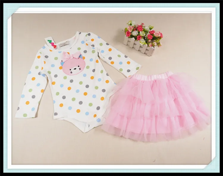 Lovely cat pattern baby girl suit 2 sets: Round dots triangle romper + pleated pink skirt Hot style On selling | Мать и ребенок