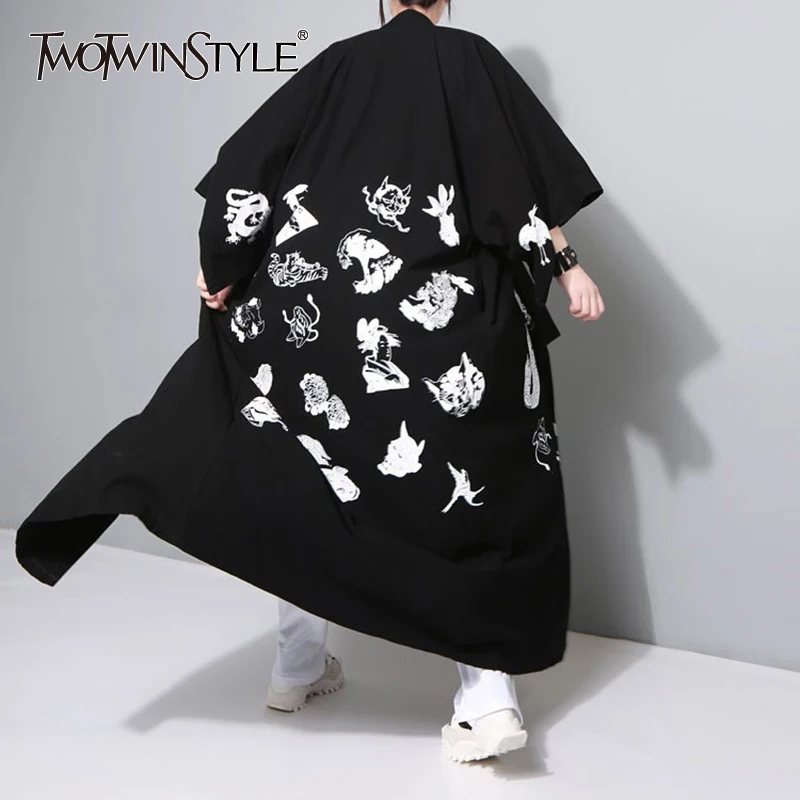TWOTWINSTYLE принт Тренч Женский V средства ухода за кожей Шеи Oversize Макси кардиган