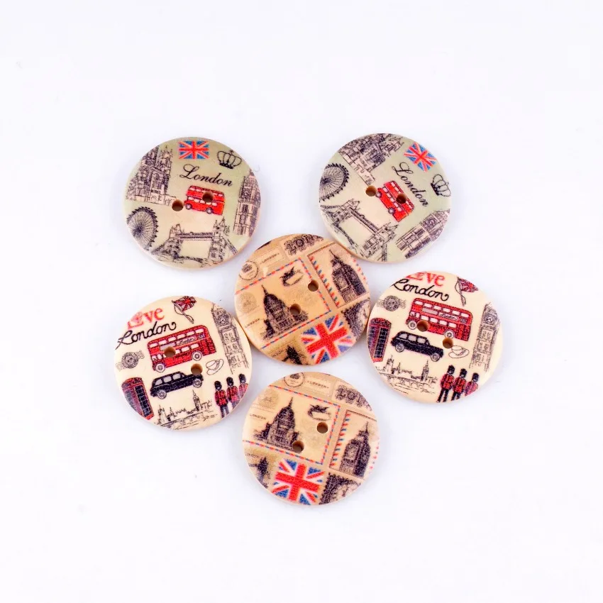 

Free Shipping Retail 5Pcs Random Mixed Lovely 2 Holes Wood Buttons Painting Sewing Scrapbooking 30mm Dia.