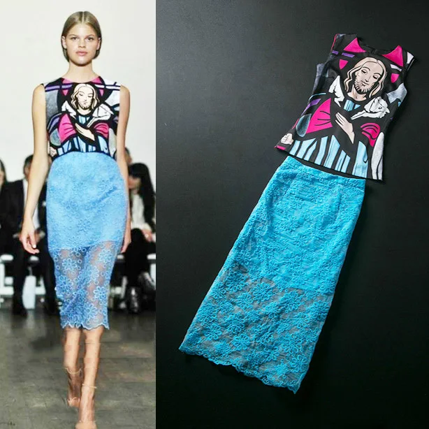 Missexy 2013 Europe Runway Style Vintage Printed Tank Tops With Blue Lace Embroidery Flower Long Skirts SS13158|top 10 football kits|top samsung