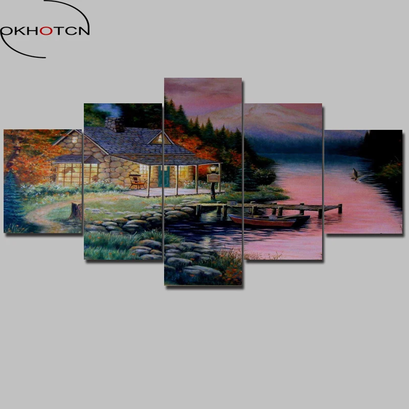 OKHOTCN Modern Home Decorative Poster Canvas Painting HD Print 5 Panel House Landscape Wall Art River Picture Modular Decor | Дом и сад