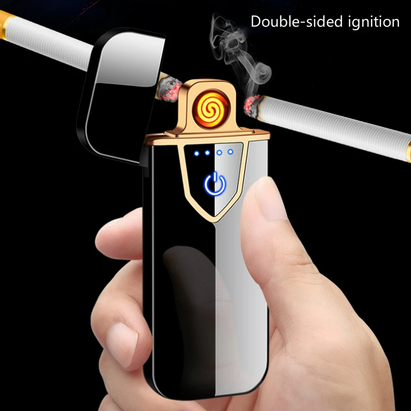 Новое поступление, сенсорный экран с USB зажигалкой, двухсторонние аккумуляторные зажигалки, металлическая электрическая зажигалка для сигарет, ветрозащитные мини-мужские подарки