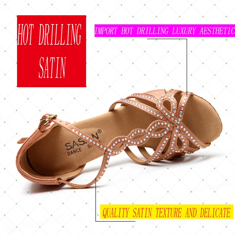 Free shipping Dance shoes women SASAN Adult Latin shoes with Diamond High-end atmosphere gold Heel 85mm Celebrity product soft