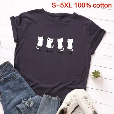 SINGRAIN Повседневное "кошачий футболком одноразмерные хлопковые топы S-5XL Harajuku короткий рукав, принт с животными, футболка - Цвет: navy blue