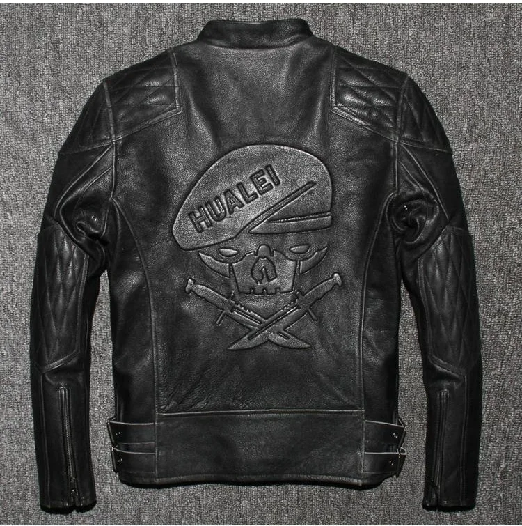 Мужская кожаная куртка с черепом зимняя Байкерская приталенная байкерская из