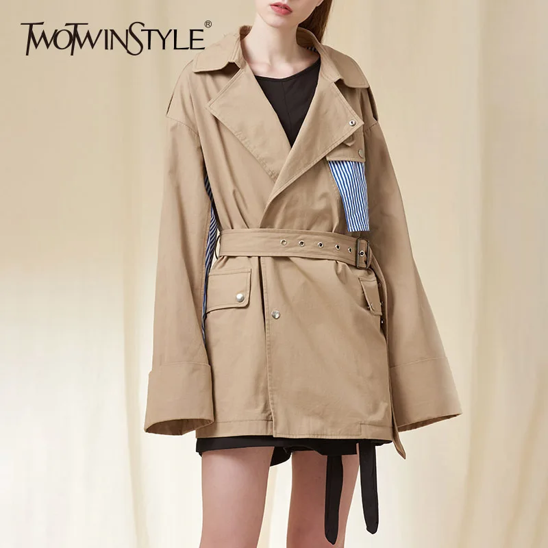TWOTWINSTYLE полосатая ветровка Женский лоскутный пояс высокая талия большой размер