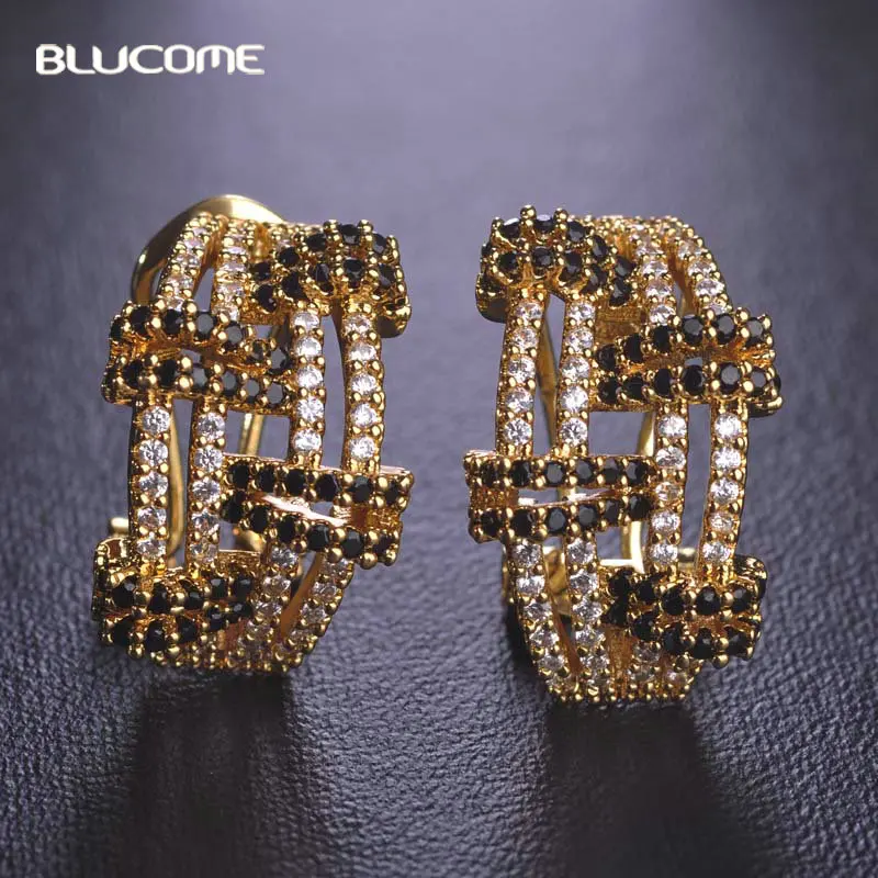 Женские свадебные серьги Blucome золотого цвета из меди с микрозакрепкой и черным