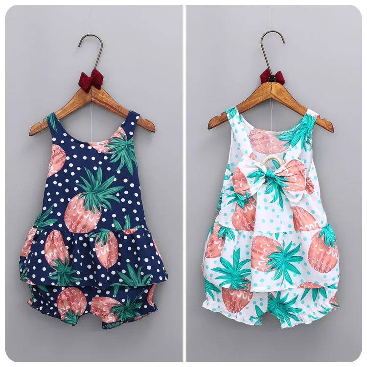 2016 Korean Children s Garment Girl Summer New Pattern Countryside Wind Pineapple Printing Vest T-Shirt Shorts You 2 Pieces Suit