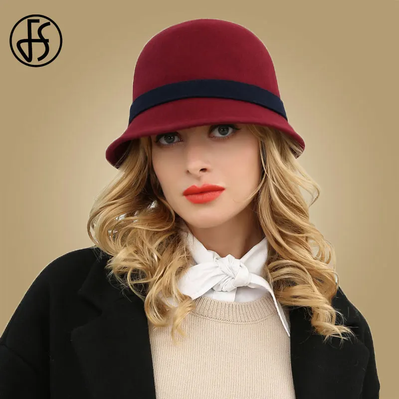 Wine Red Fedoras FS винтажная черная красная шерстяная фетровая шляпа с широкими полями для женщин церковная фетровая Осенняя шляпа Дамская элегантная Зимняя шляпа-котелок с бантом - Цвет: Wine Red Fedoras