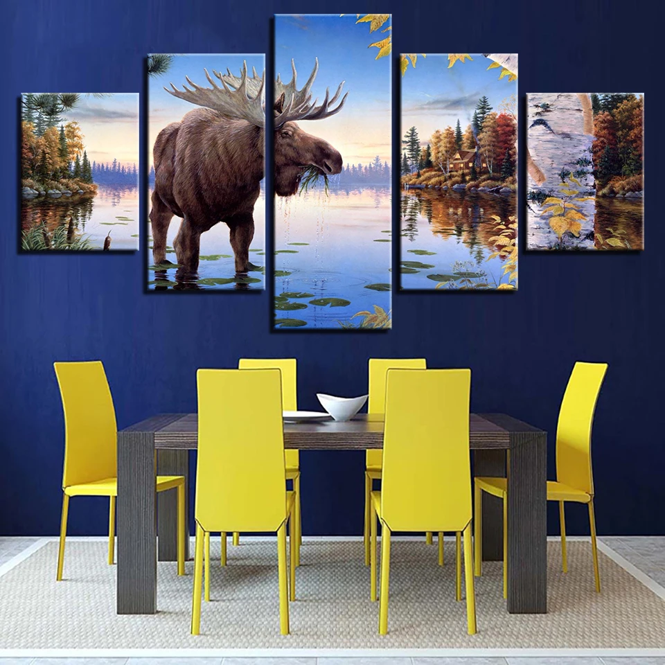 

Modern Canvas Home Decor Poster Living Room Framework 5 Pieces HD Prints Animal Elk Deer Paintings Wall Art River Moose Pictures