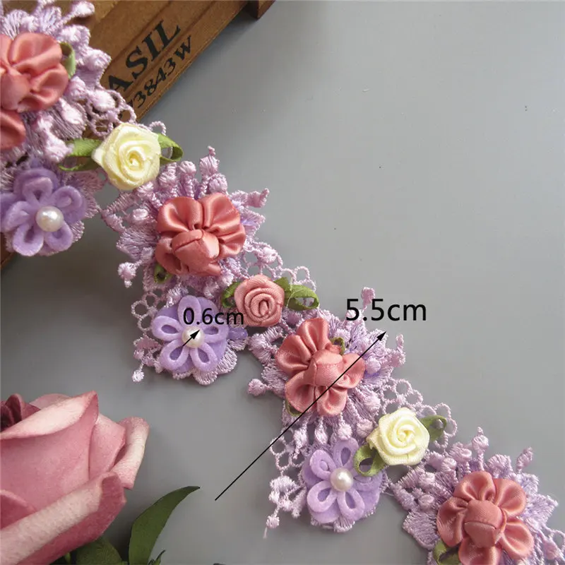 A176-Purple 5.5cm Растворимый полиэстер 3D Красочные цветы жемчужина вышитые кружева отделка ленты из ткани, шитье ручной работы ремесло для костюм шляпа украшения - Цвет: A176-Purple 5.5cm