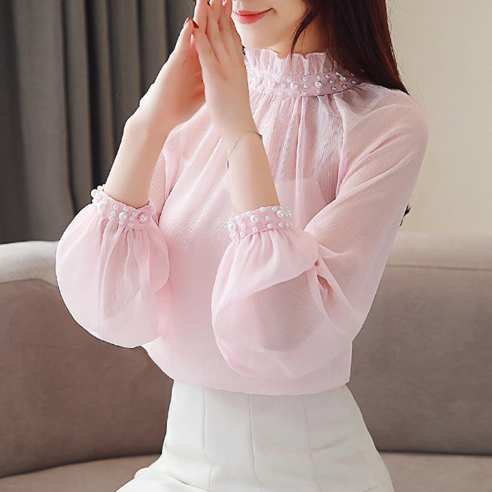 Spring Autumn New Chiffon blouse long sleeve womens tops and blouses lace bottom female clothes beading women shirts clothes