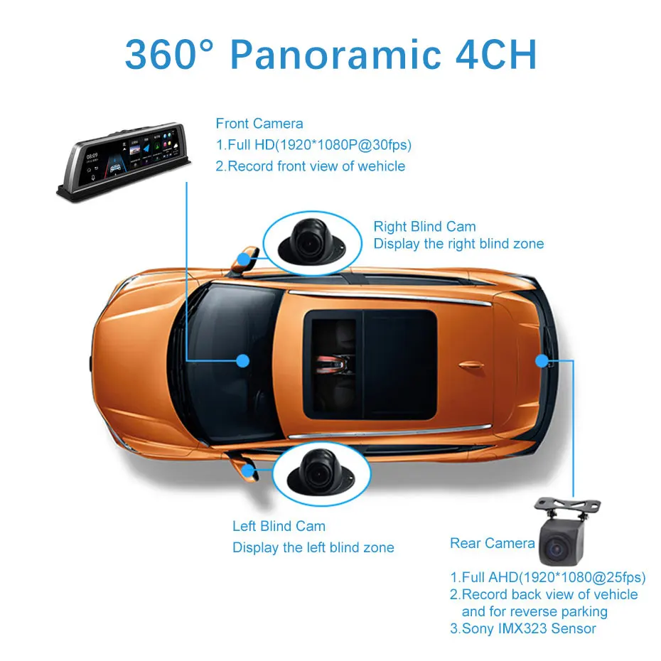 Olysine 360 панорамный 4 канальный Автомобильный видеорегистратор с сенсорным