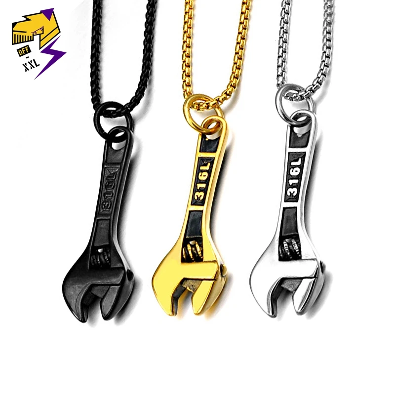 

Punk Stainless Steel Black Spanner Pendant Necklaces Men Gold Chains Mechanic Wrench Charms Necklace Steampunk Jewelry