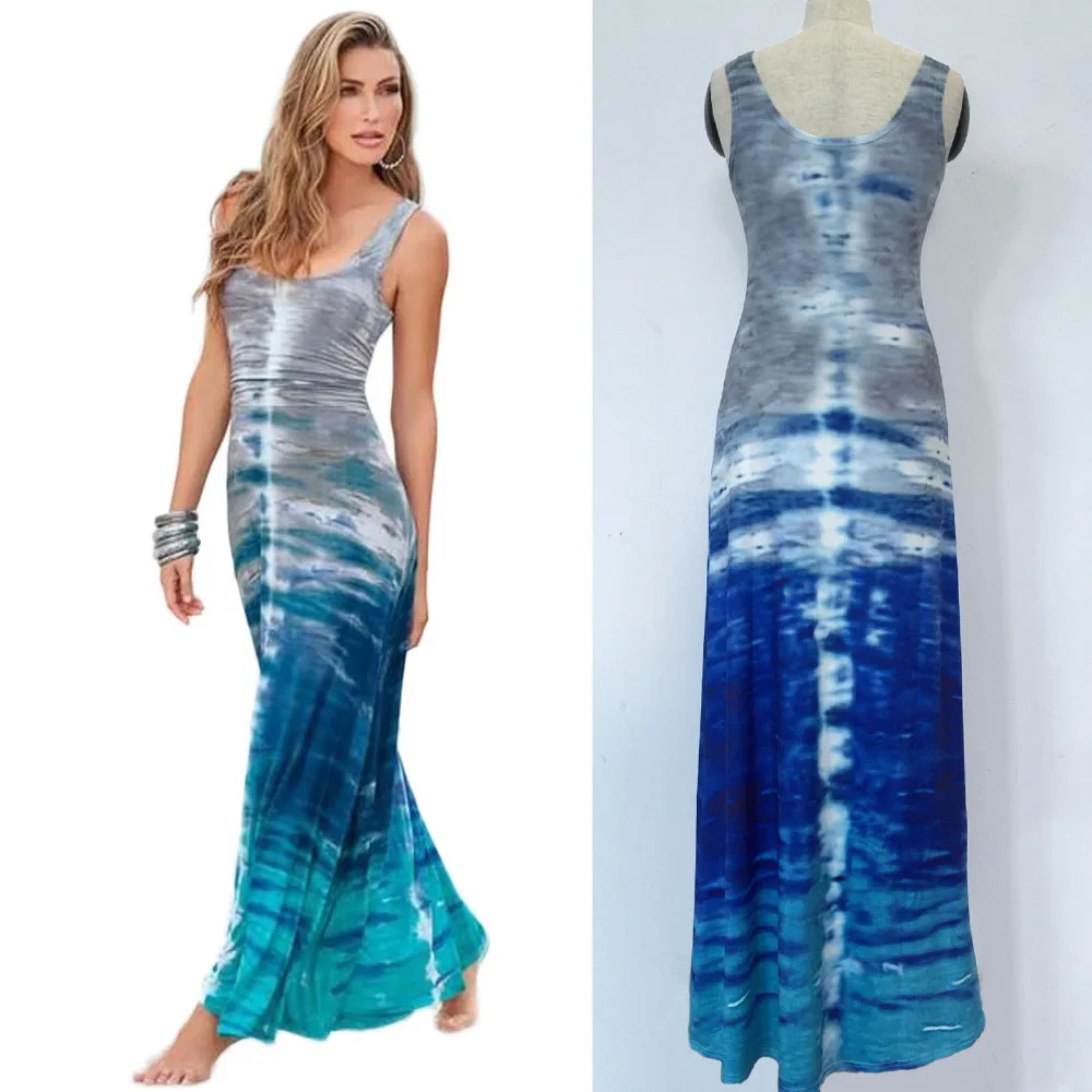 Сексуальное женское летнее платье без рукавов с цветочным рисунком синее