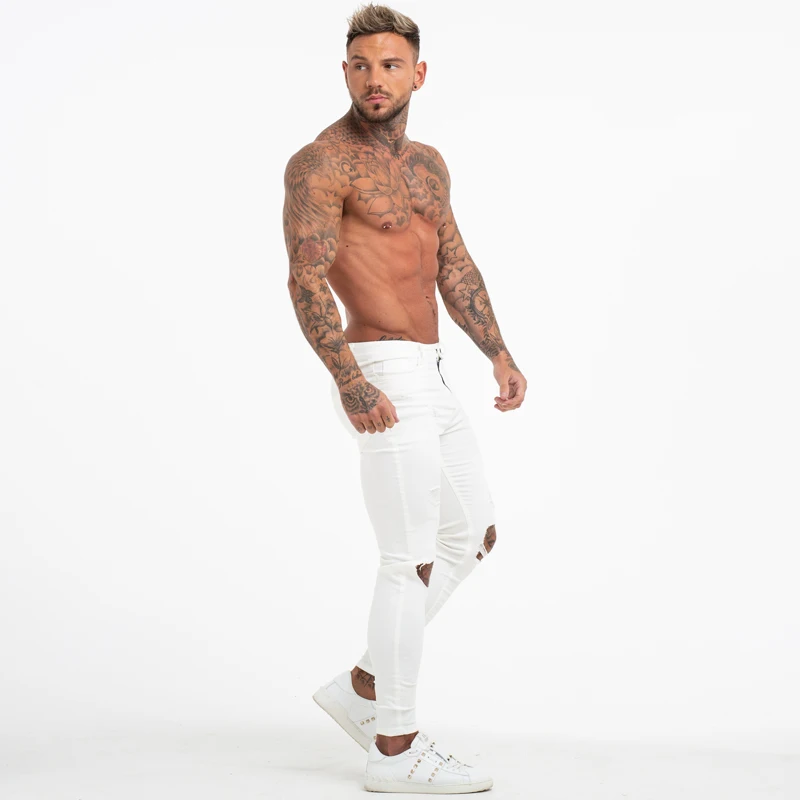 Мужские обтягивающие джинсы GINGTTO белые рваные Стрейчевые с эластичной резинкой
