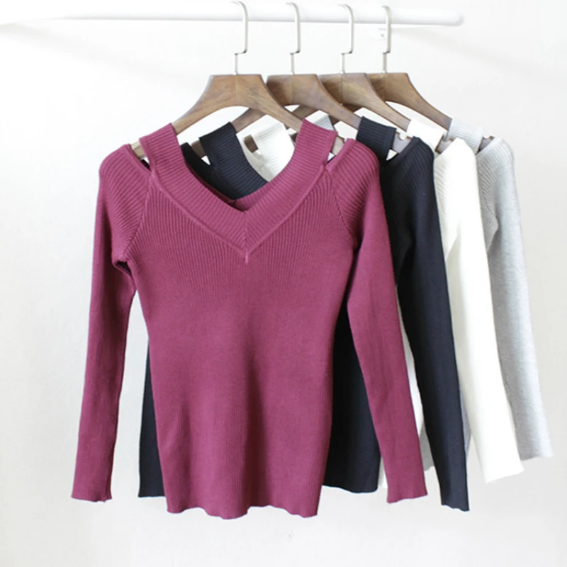 Fashion Women's Clothes Autum Spring Winter Warm Slim Tight Sexy Double V Long Sleeves Bottoming Coat Fall T Shirt Knit Sweater | Женская