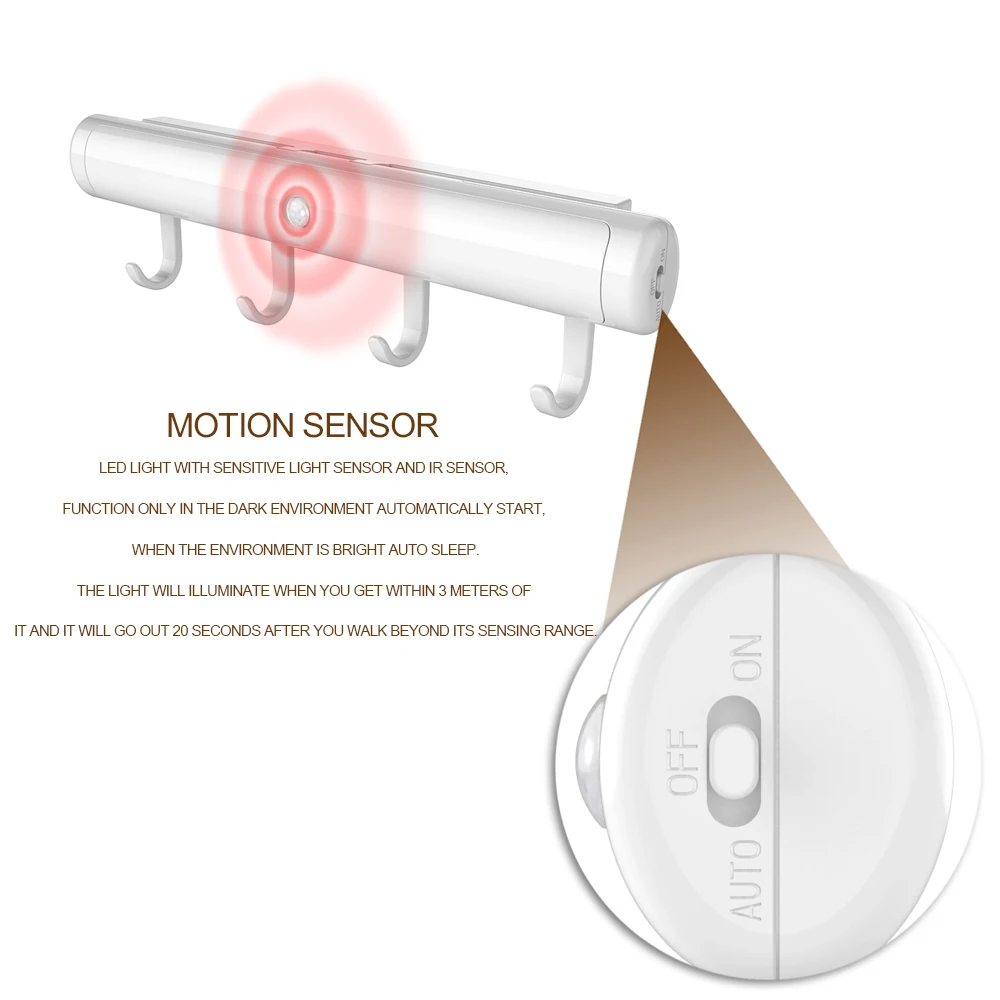 ИК датчик движения LED Carbinet свет с крючками Встроенный света авто на батарейках