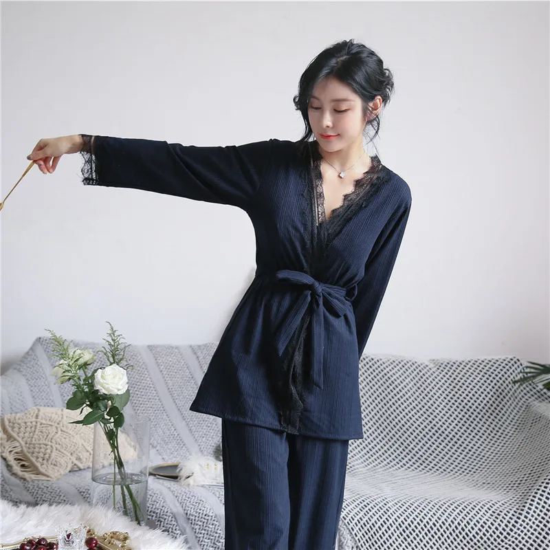 BZEL Autumn Winter Sexy Pajama Sets Long Sleeve Female Sleepwear Cotton Home Wears 3 Piece Suit Underwear V-neck Pyjamas | Женская