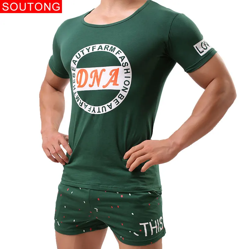 Soutong, летние мужские пижамы, Homme, наборы, хлопок, мягкие, удобные, пижамы, с коротким рукавом, мужские, для сна, штаны, короткие, домашний комплект, одежда для сна - Цвет: green