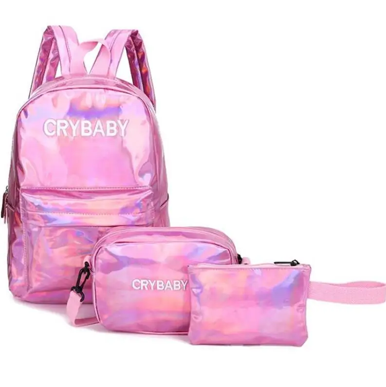 Set Pink Yogodlns Голографический лазерный рюкзак с вышитыми буквами и голограммой, набор рюкзаков, школьная сумка+ сумка на плечо+ пенал, 3 шт - Цвет: Set Pink