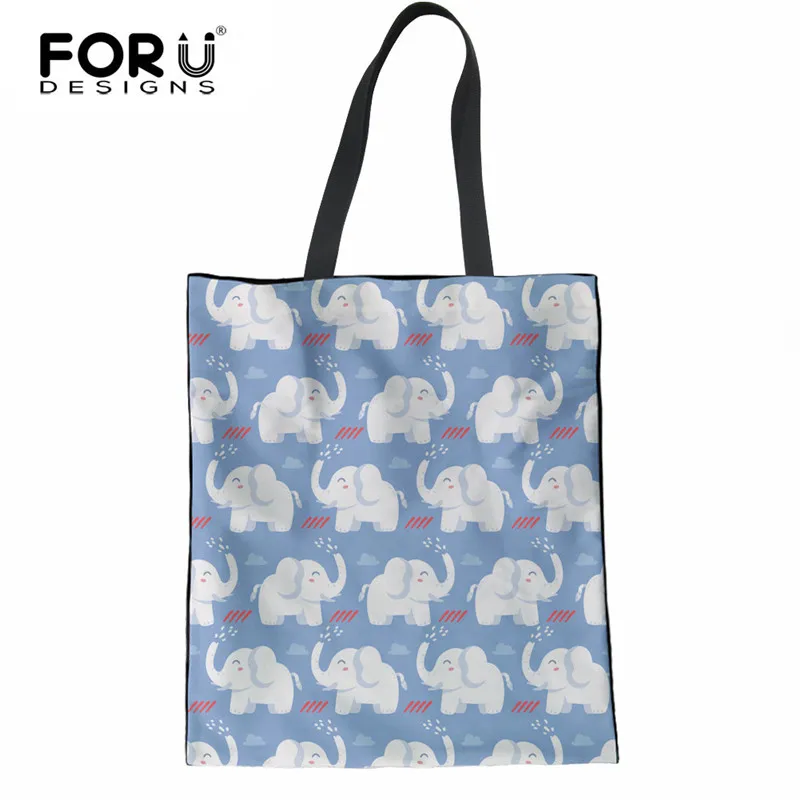 

FORUDESIGNS Cute Elephant Print Linen Tote Shopping Bag Reusable Grocery Bag Durable Canvas Cloth Pouch Casual Shoulder Bag Lady