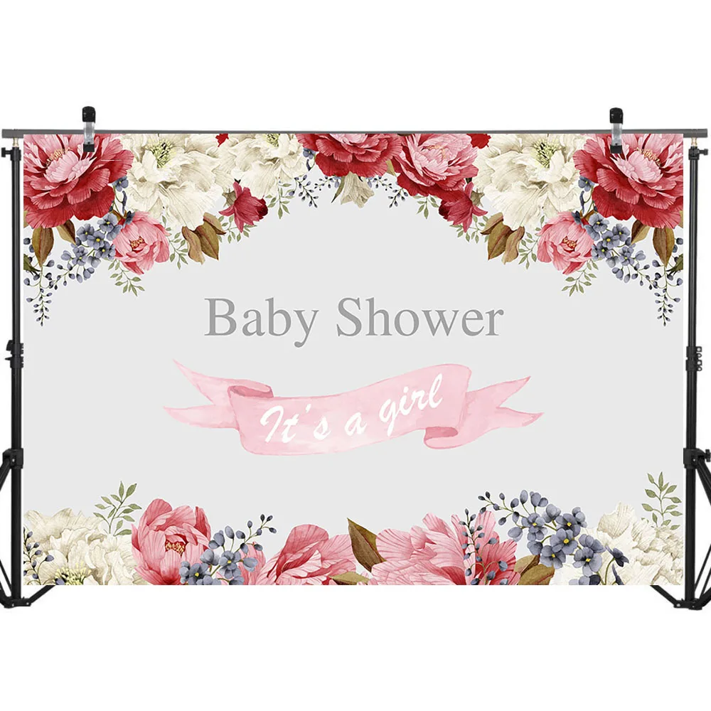 NeoBack It's a Girl Baby Shower задний фон розовый красный белый цветочный для