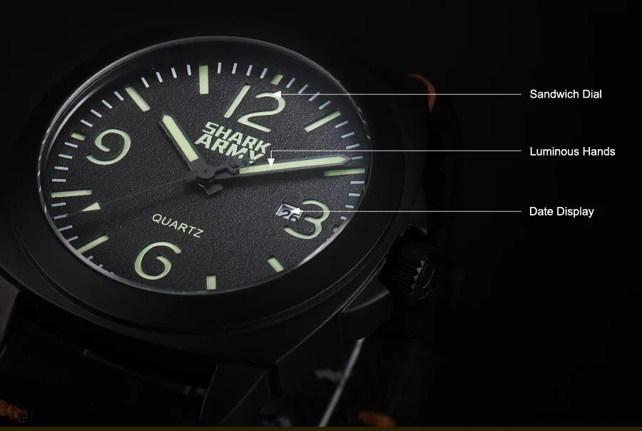 Army Shark Relogio Curren 100 м водонепроницаемые светящиеся черные часы с кожаным ремешком из нержавеющей стали военные кварцевые часы/SAW184