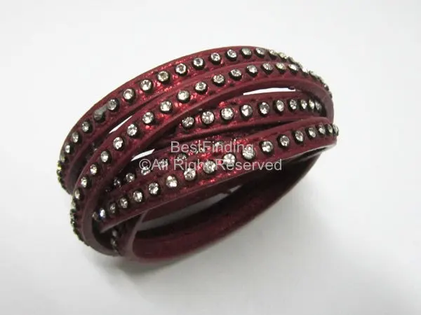 

6x2mm Metallic wine red Flat rhinestone leather cord Crystal wrap leather cord