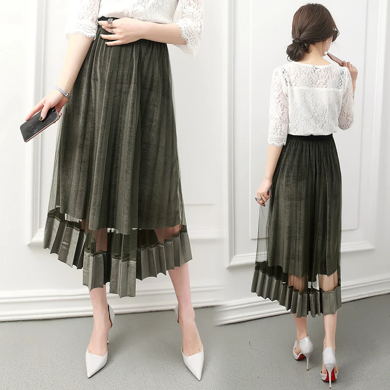 Летняя плиссированная юбка для женщин однотонная газовая Лоскутная узкая макси