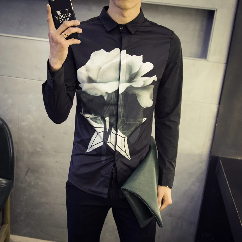 Весенние повседневные мужские рубашки с длинным рукавом модные цветочным