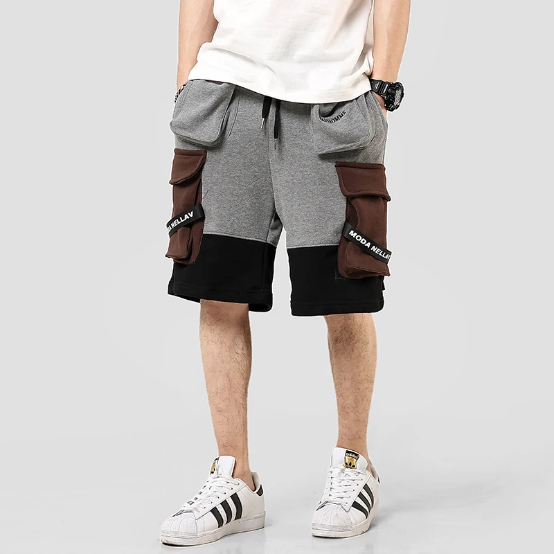 

New Multi-Pockets Stylish Men's Cargo Short-Pants Hip Hop Summer Male Color Patchwork Casual Shorts Loose Ribbon Streetwear