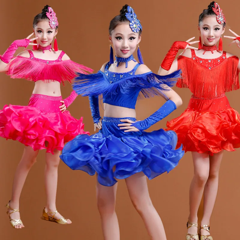 

Professional Sequins Children Latin Dance Dress for Competition Girl Rose Red/red/blue Tassel Samba/rumba/tango Dance Costume