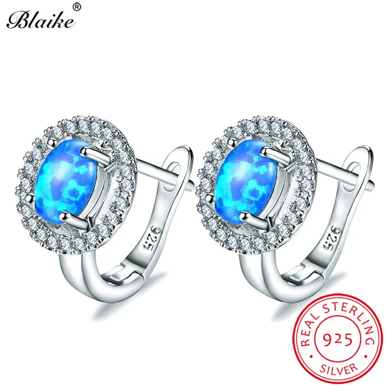 Blue Opal Earrings Blaike 925 стерлингового серебра Овальный Камень Синий огненный опал серьги-кольца для женщин белый циркон камень по рождению круг серьги, изящные украшения - Цвет камня: Blue Opal Earrings