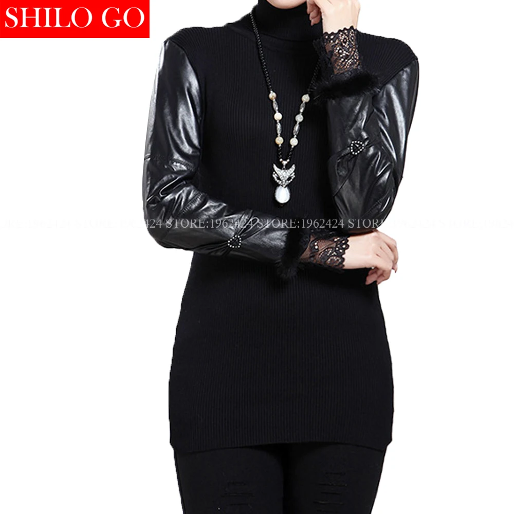 Autum fashion women high quality Sheepskin stitching turtleneck office OL black knitting sexy lace diamond love pullover | Женская