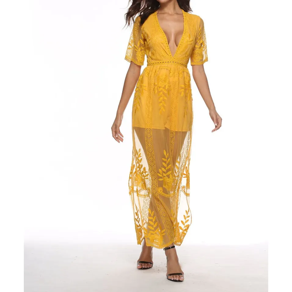 Летнее женское платье макси в богемном стиле с глубоким v образным вырезом